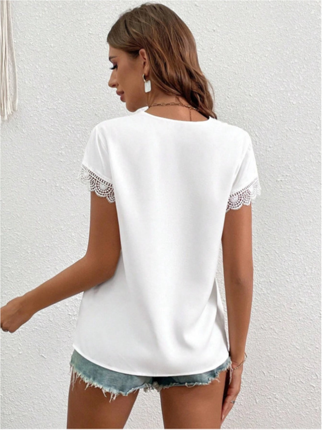 Honeybee Mumford's Lace Detail V-Neck Cap Sleeve Blouse