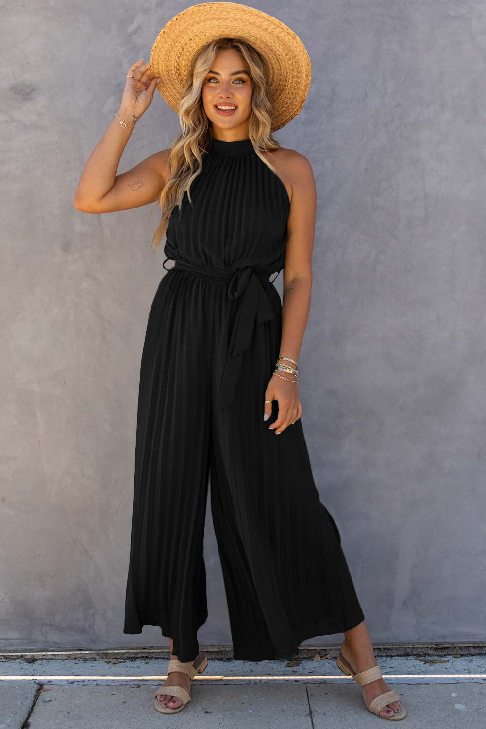 honeybee Mumford's Black Halter Neck Pleated Wide Leg Jumpsuit with Belt