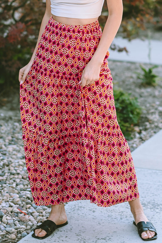 Honeybee Mumford's Rose Vintage Boho Floral Print Tiered Maxi Skirt