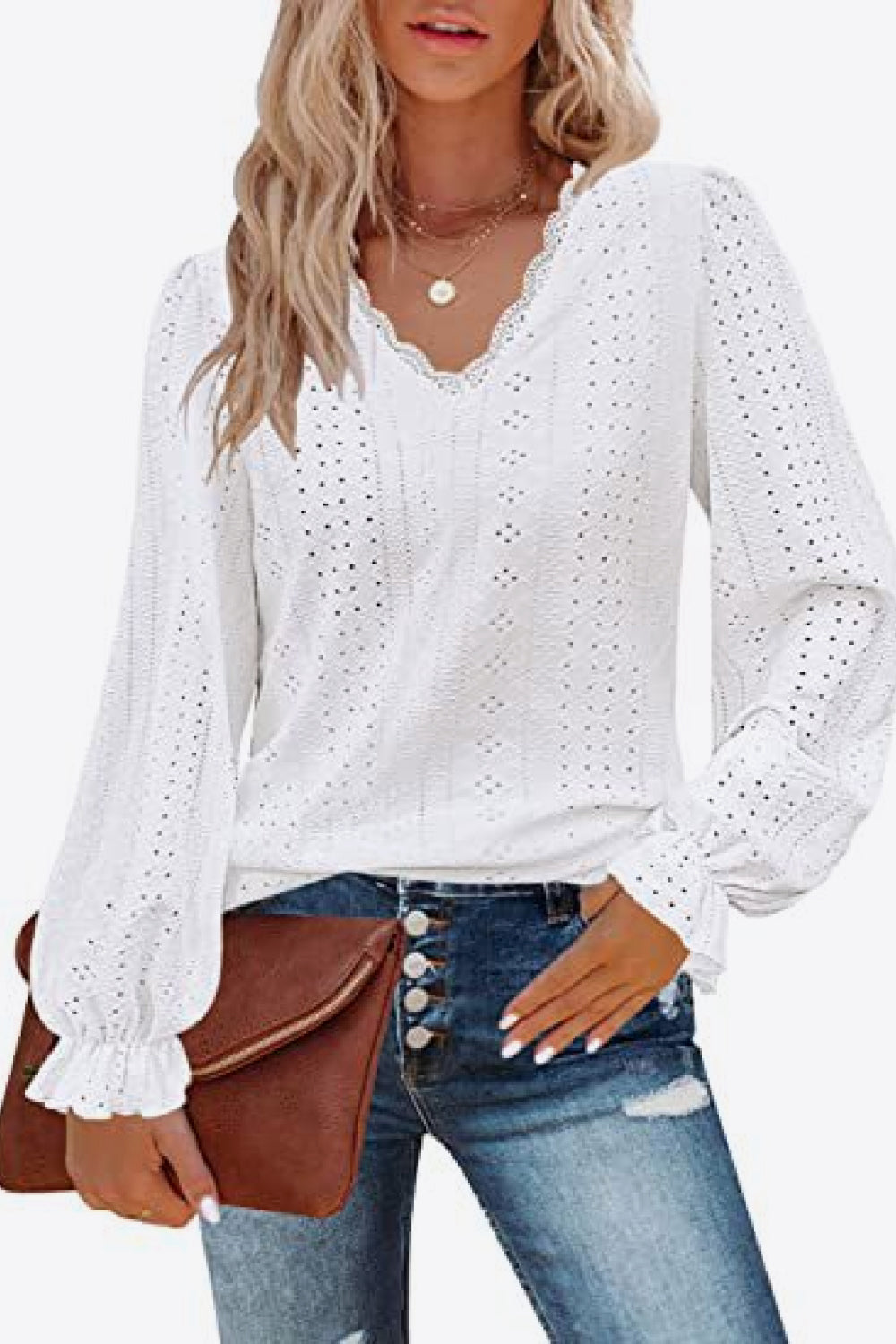 Honeybee Mumford's Eyelet V-Neck Flounce Sleeve Blouse