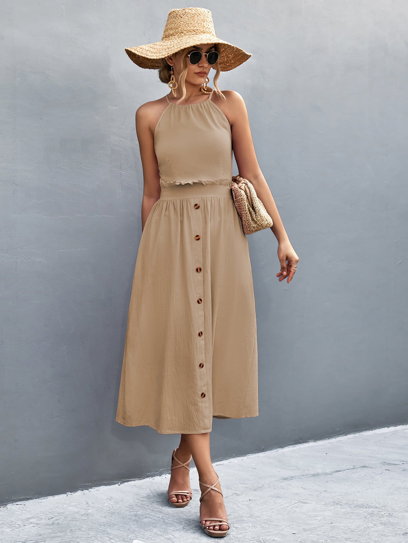 Honeybee Mumford's Buttoned Halter Neck Frill Trim Midi Dress