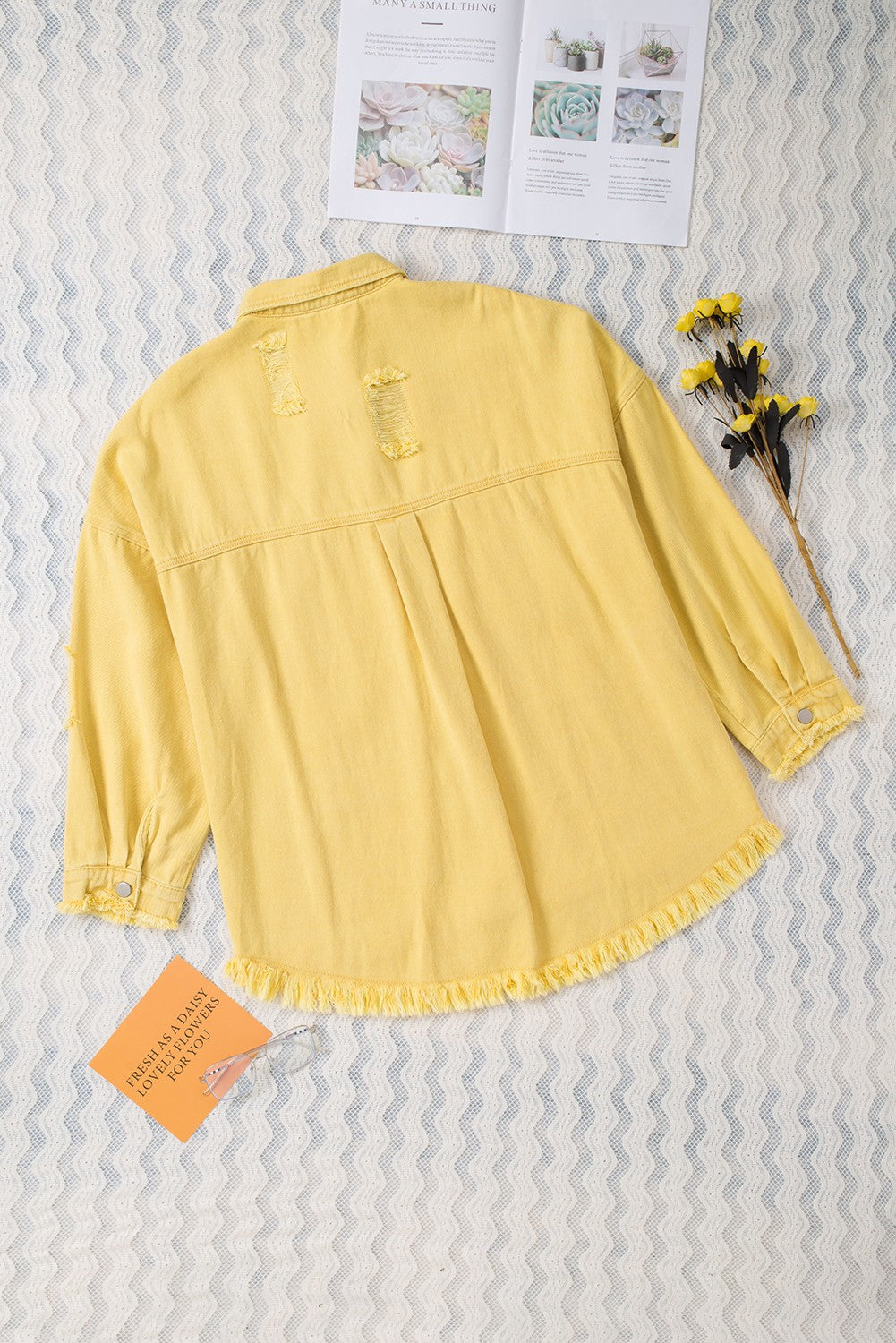 Honeybee Mumford's Yellow Distressed Fringe Trim Denim Jacket