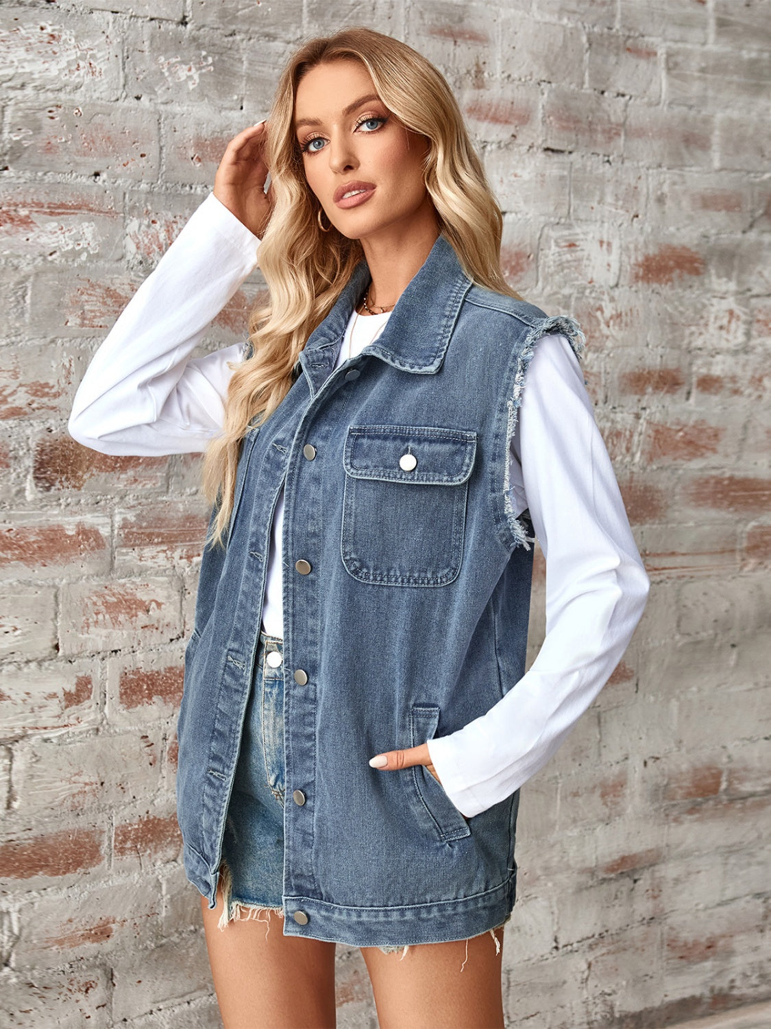 Honeybee Mumford's Raw Hem Sleeveless Button Up Denim Jacket