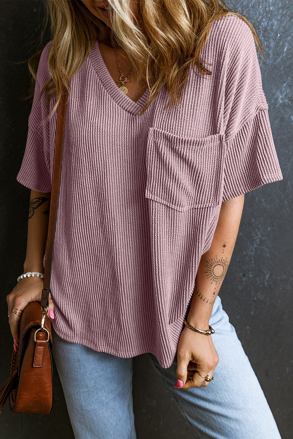 Honeybee Mumford's Purple Valerian Corded V Neck Chest Pocket Loose T-shirt