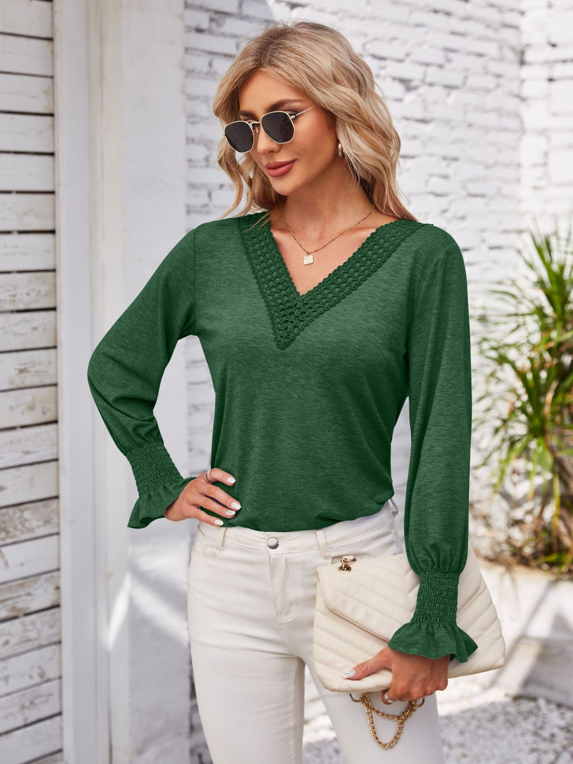 Honeybee Mumford's Smocked V-Neck Long Sleeve Blouse