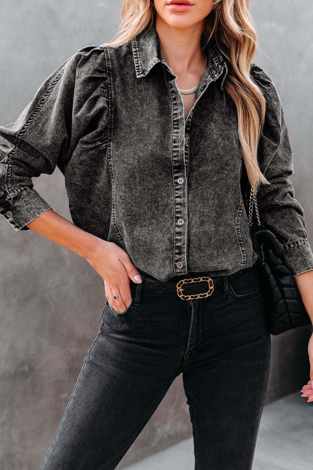 Honeybee Mumford's Black Puff Sleeve Button-Up Denim Jacket