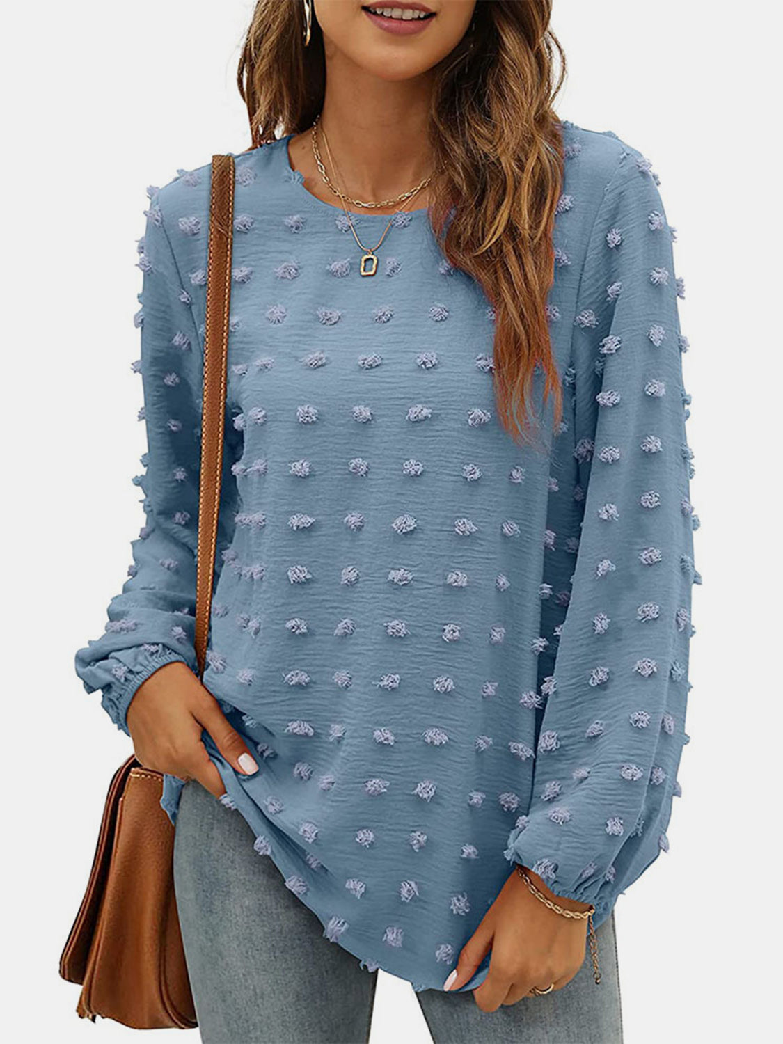 Honeybee Mumford's Swiss Dot Round Neck Long Sleeve Blouse