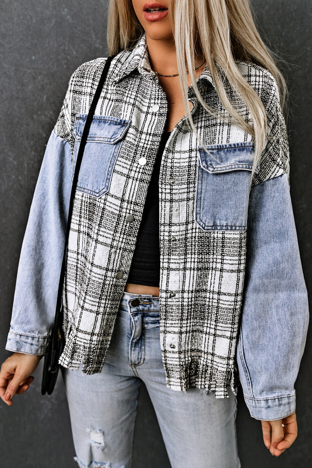 Honeybee Mumford's Sky Blue Plaid Patchwork Fringed Flap Pockets Denim Jacket