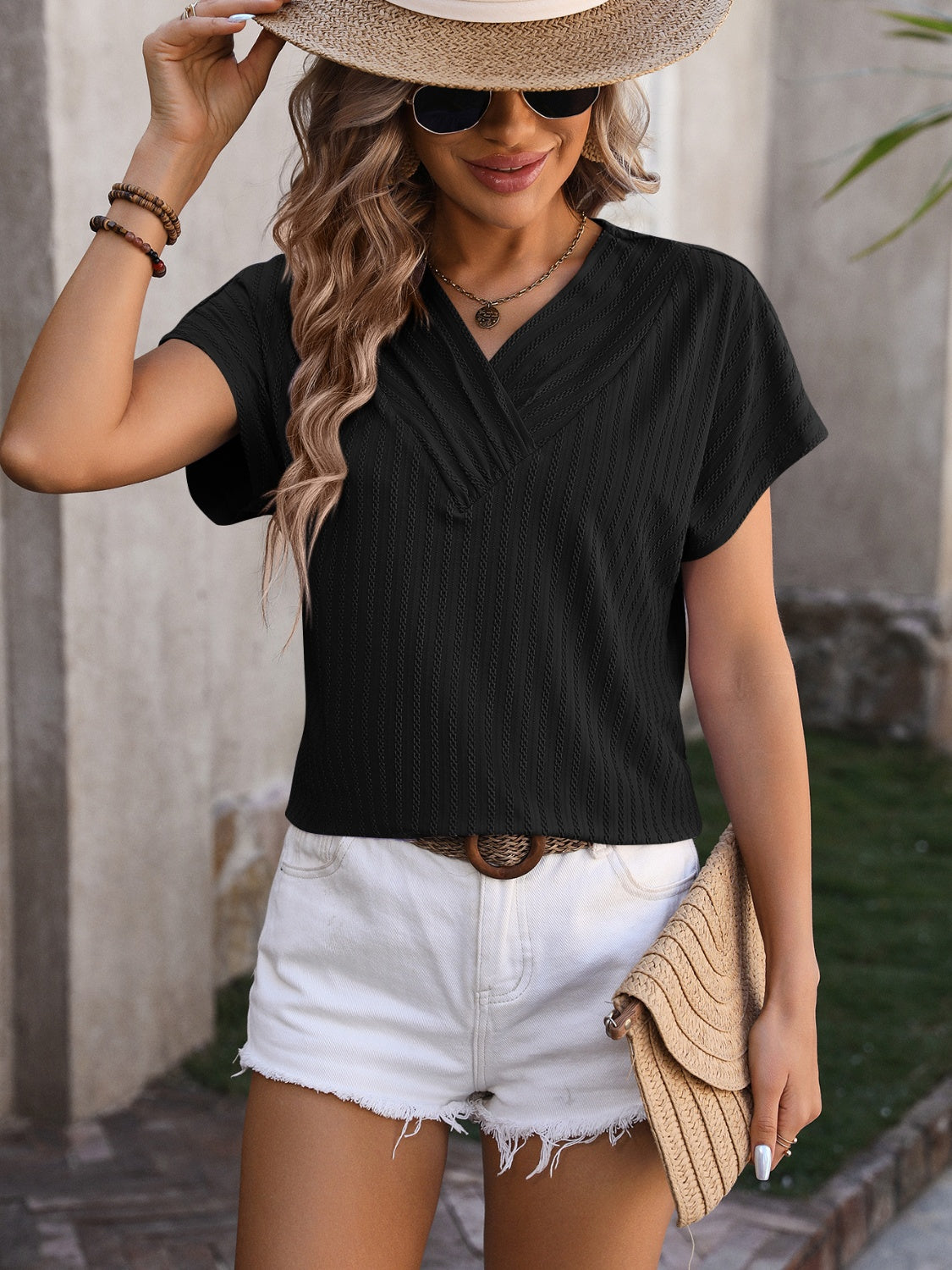 Honeybee Mumford's Textured Surplice Short Sleeve Blouse