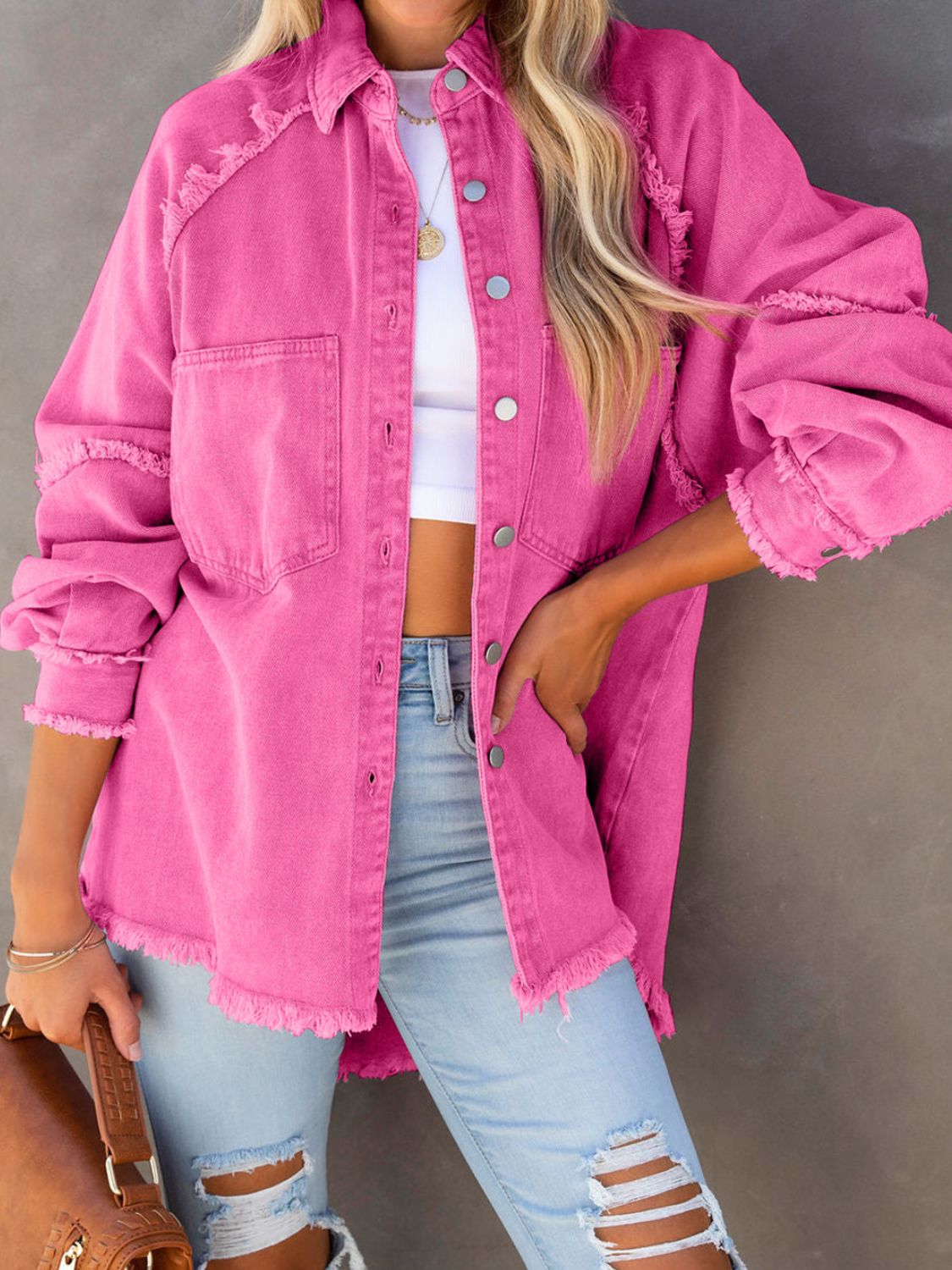 Honeybee Mumford's Button-Down Denim Jacket w/ Raw Hem in Pink and Lavender