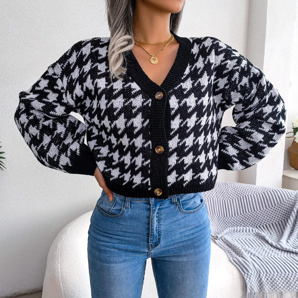 Honeybee Mumford's Houndstooth V-Neck Dropped Shoulder Cropped Cardigan