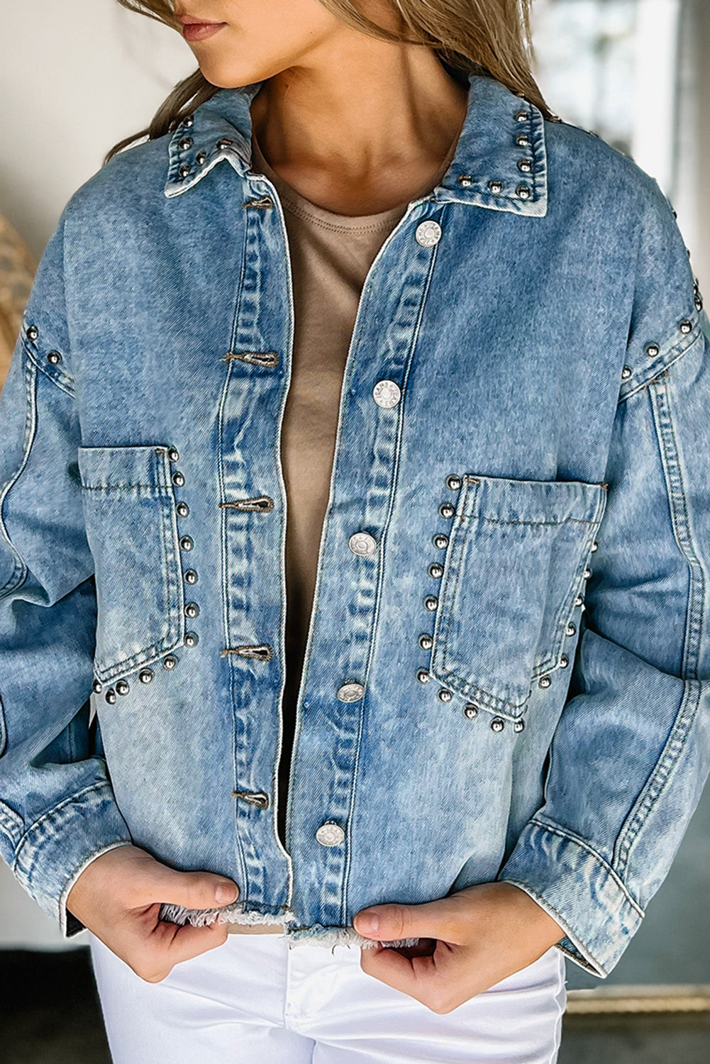 Honeybee Mumford's Sky Blue Studded Acid Wash Denim Jacket