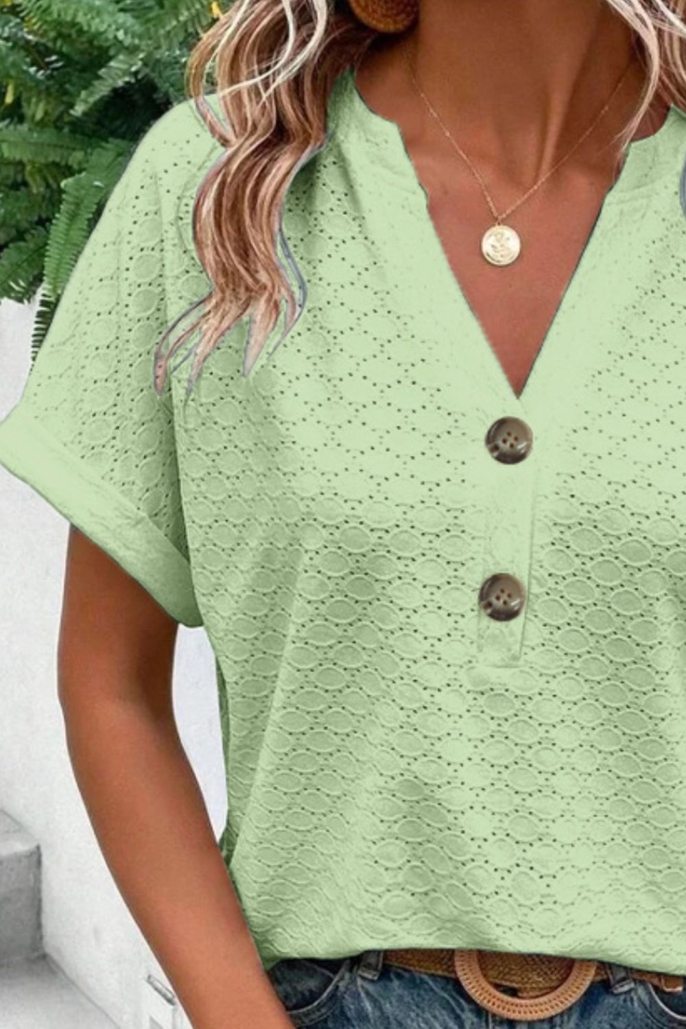 Honeybee Mumford's Eyelet Notched Short Sleeve Blouse