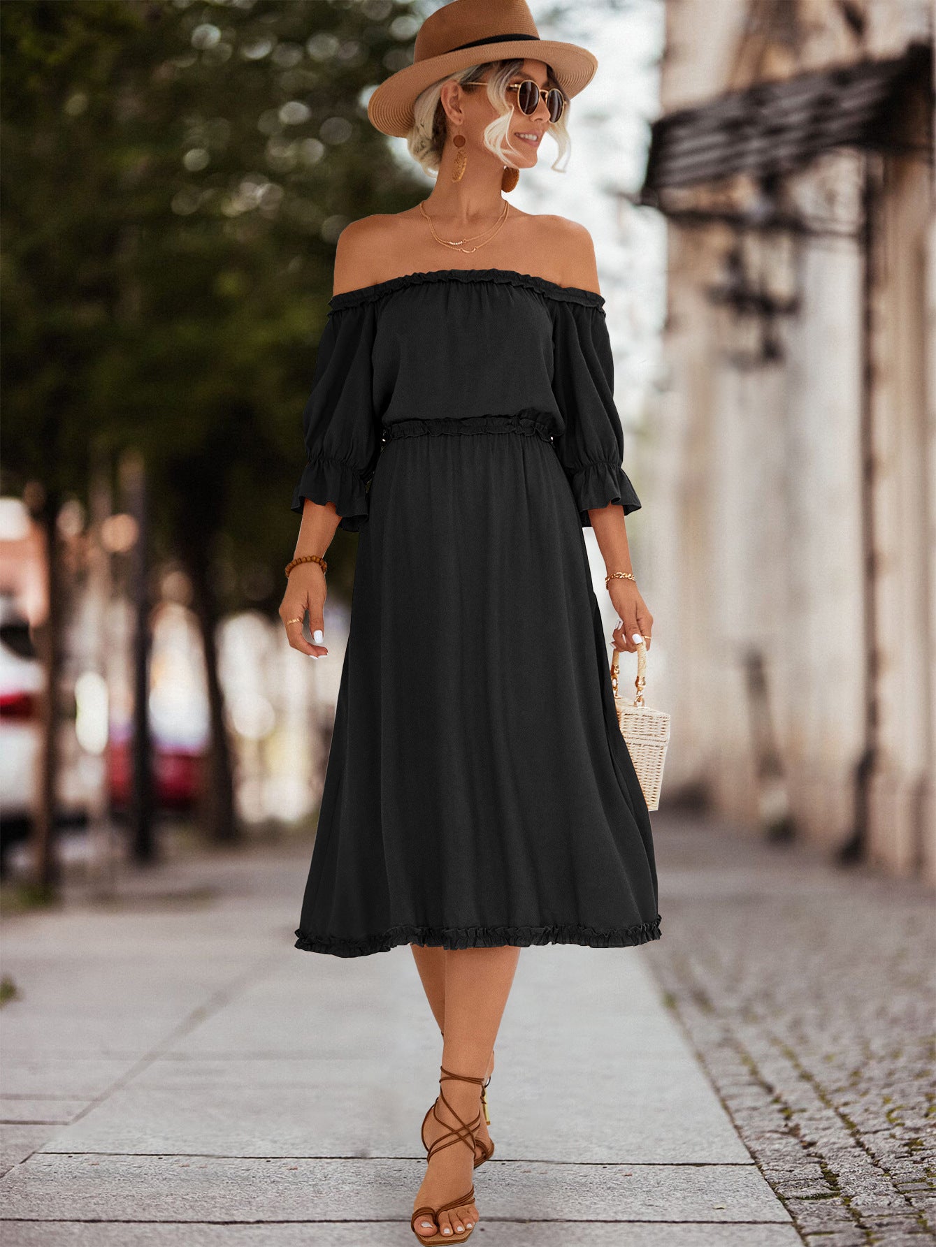 Honeybee Mumford's Frilled Off-Shoulder Flounce Sleeve Dress