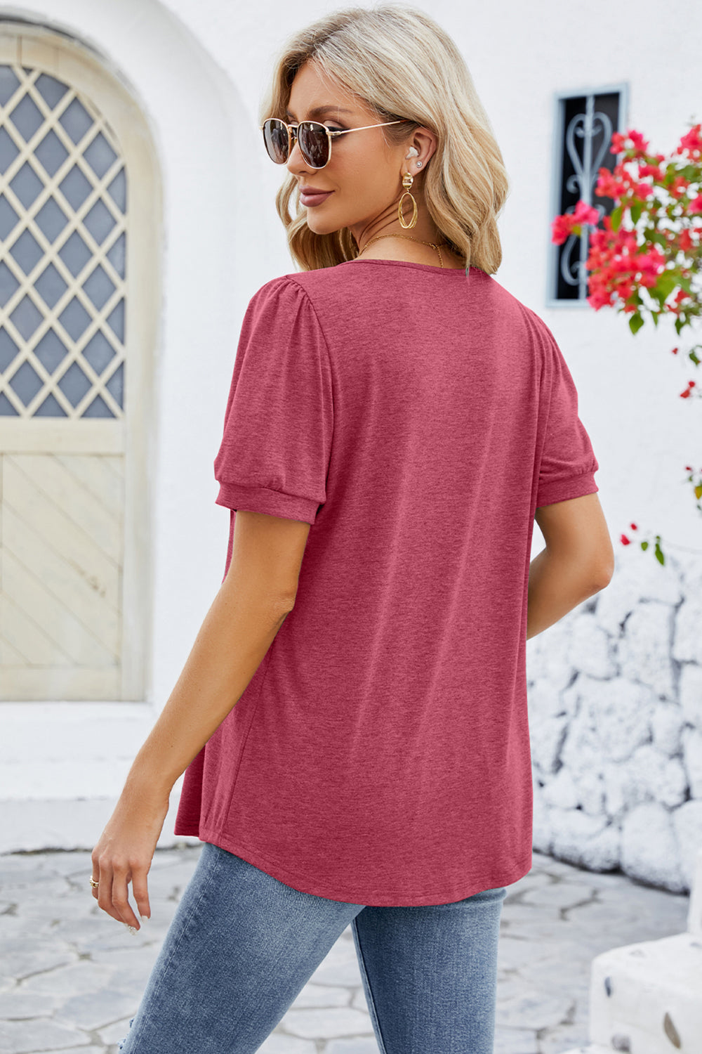 Honeybee Mumford's Ruched Scoop Neck Short Sleeve Blouse