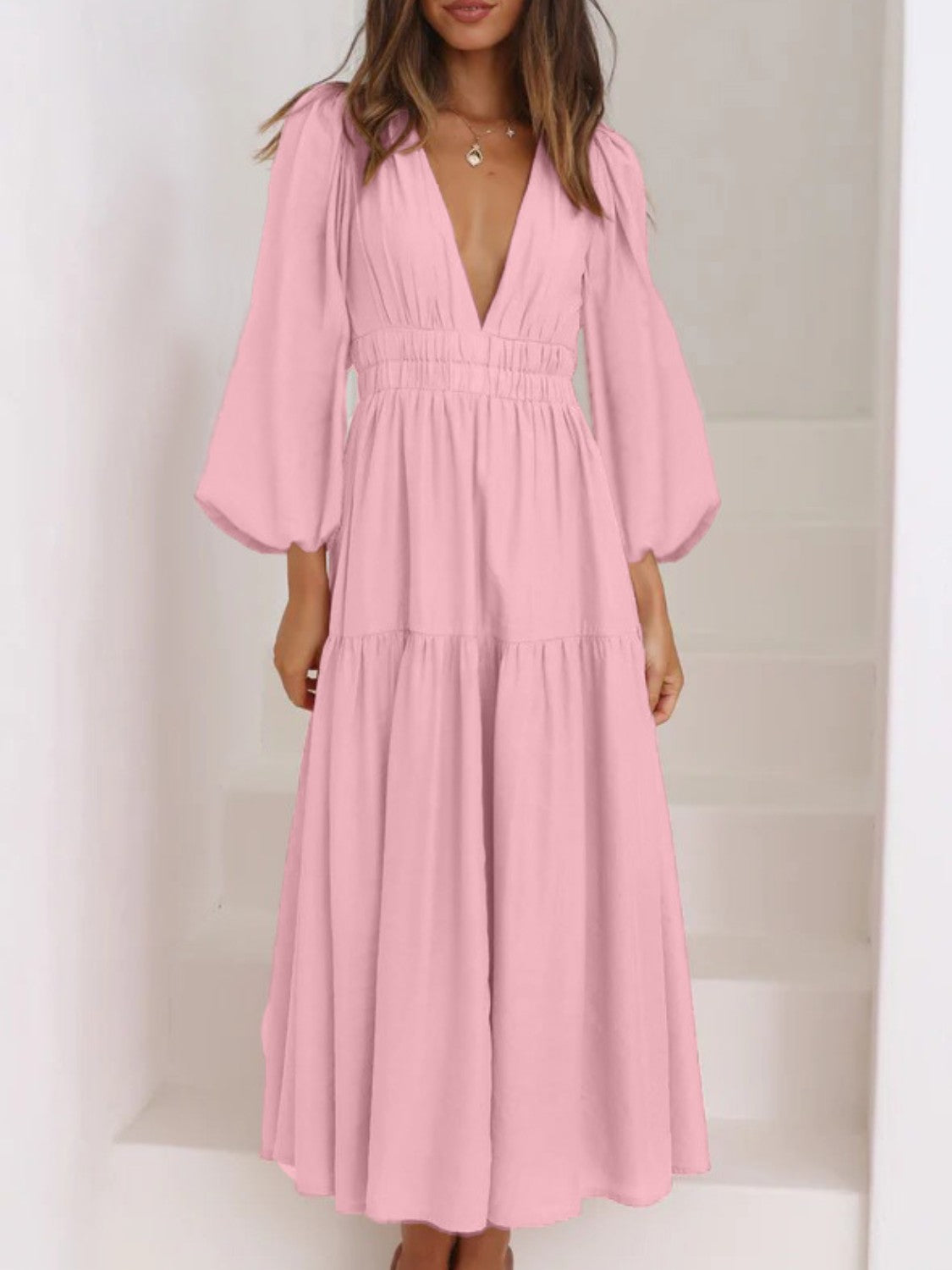 Honeybee Mumford's Deep V-Neck Balloon Sleeve Plain Maxi Dress