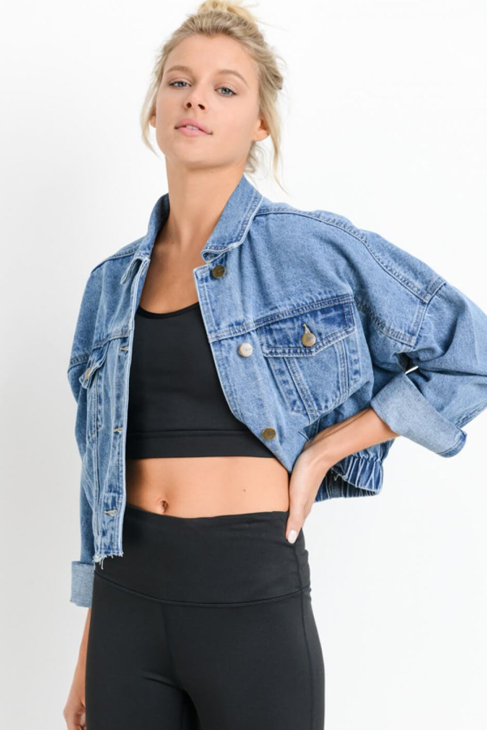 Honeybee Mumford's Sky Blue Medium Wash Chunky Cropped Denim Jacket