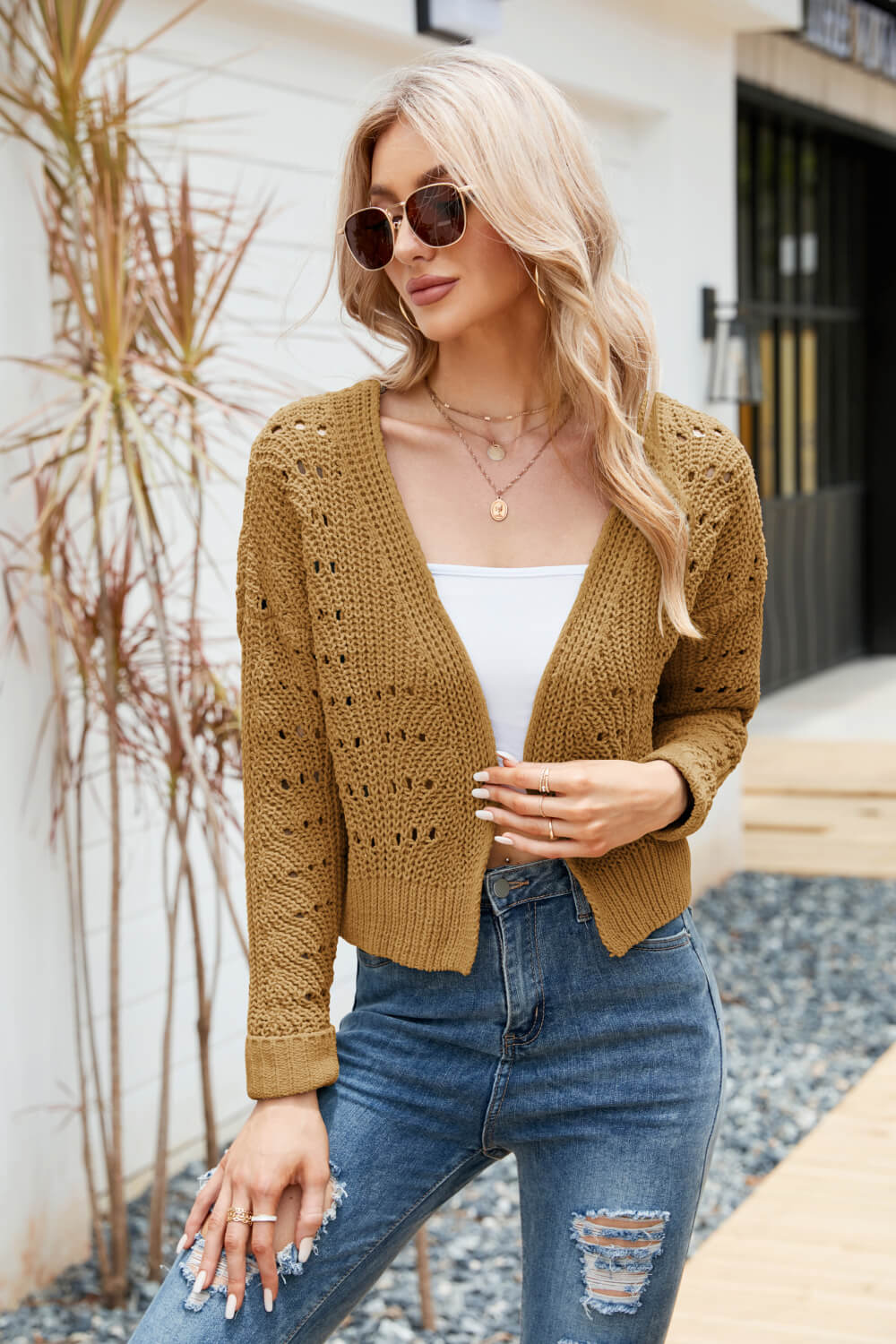 Honeybee Mumford's Open Front Cuffed Cropped Cardigan