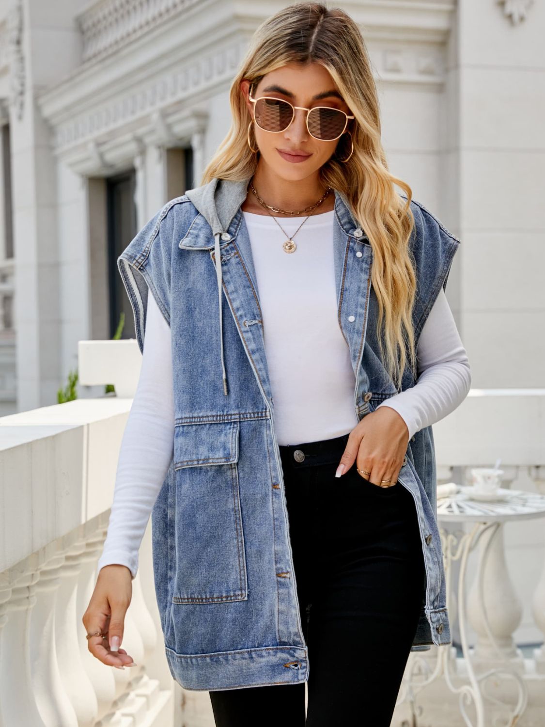 Honeybee Mumford's Hooded Sleeveless Denim Top with Pockets