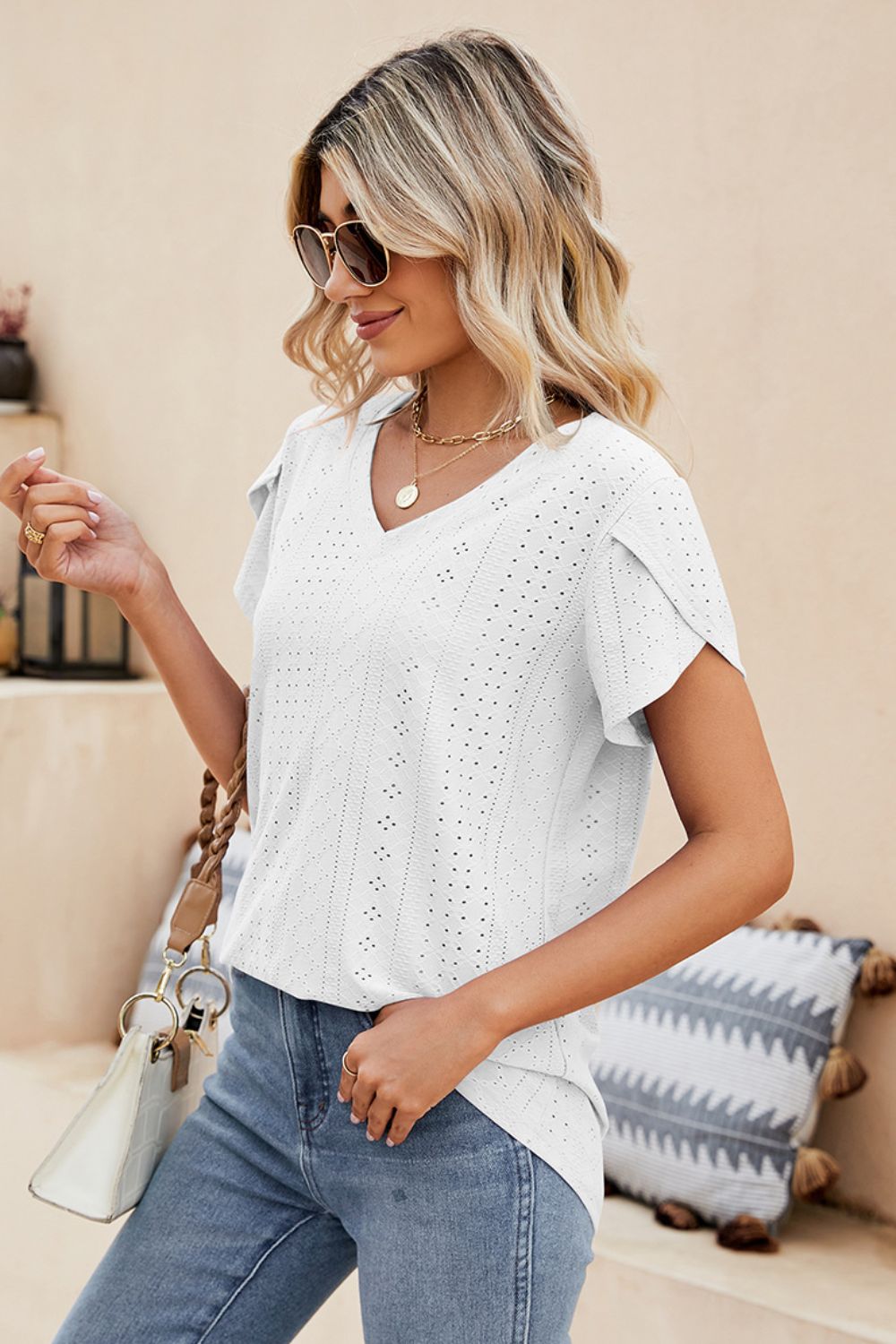 Honeybee Mumford's Eyelet Petal Sleeve V-Neck Knit Top