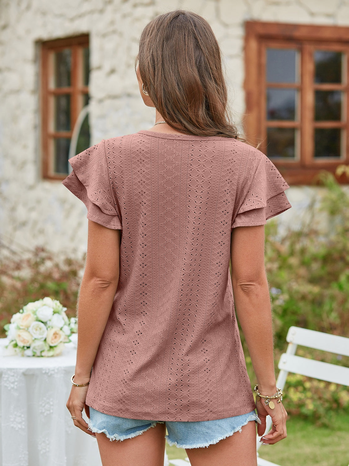 Honeybee Mumford's Eyelet V-Neck Short Sleeve Blouse