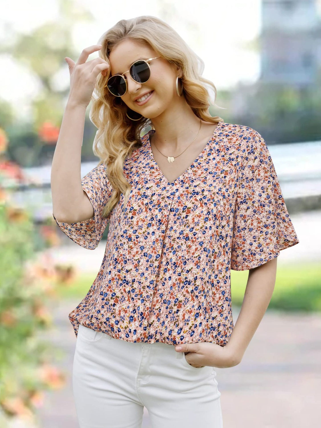 Honeybee Mumford's Printed V-Neck Slit Half Sleeve Blouse