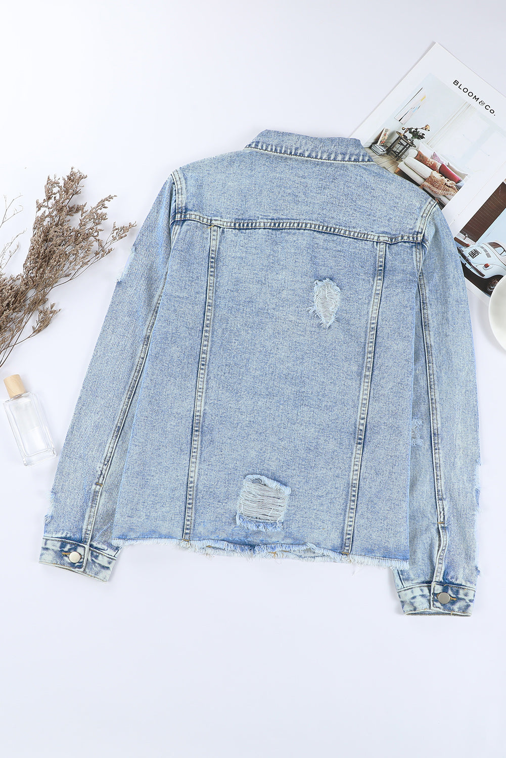 Honeybee Mumford's Blue Lapel Distressed Raw Hem Buttons Denim Jacket