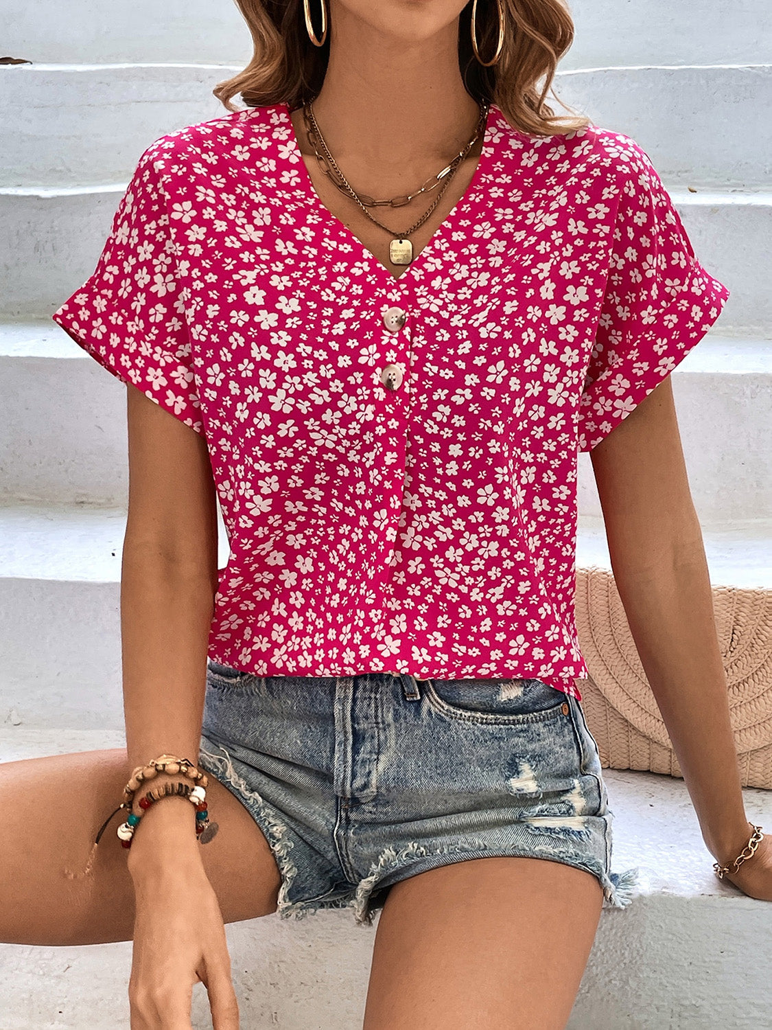 Honeybee Mumford's Printed V-Neck Short Sleeve Blouse