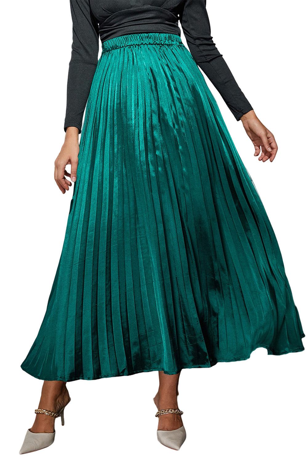 Honeybee Mumford's Blackish Green Satin Elastic Waist Pleated Maxi Skirt