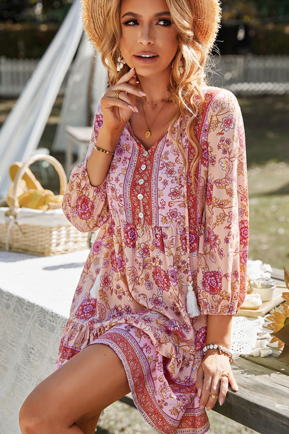 Honeybee Mumford's Floral Tied Balloon Sleeve Mini Dress