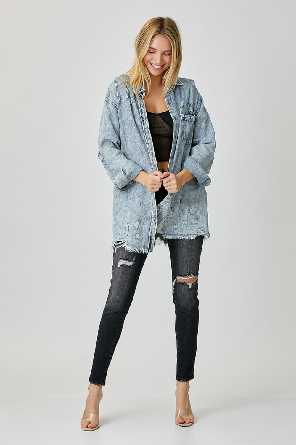 Honeybee Mumford's Distressed Raw Hem Denim Shirt