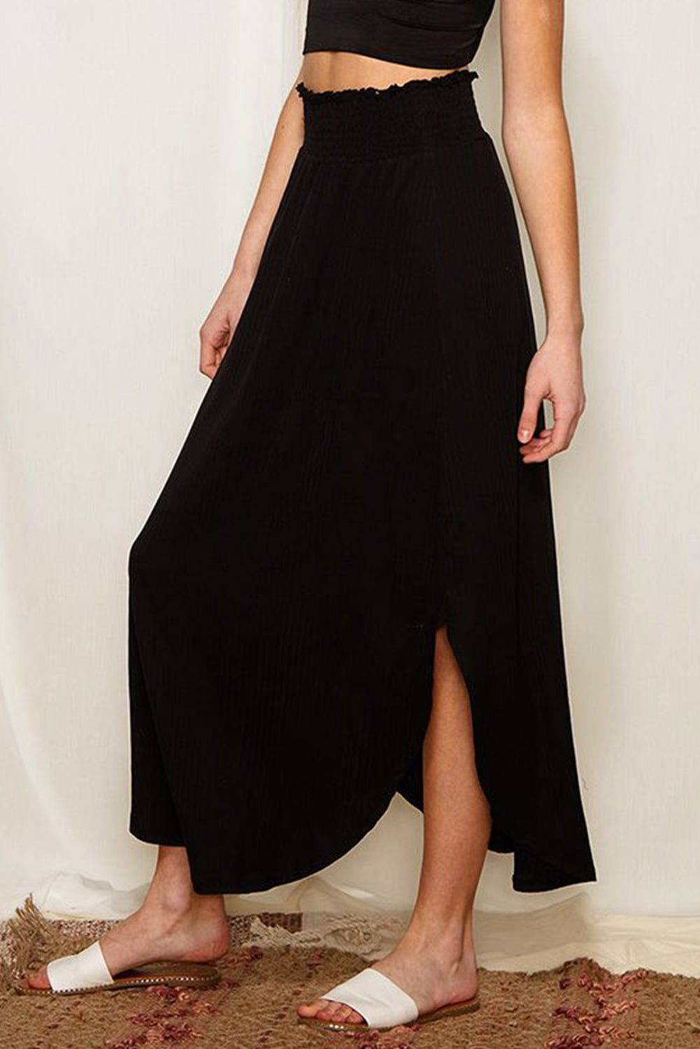 Honeybee Mumford's Black Smocked High Waist Maxi Skirt with Slit