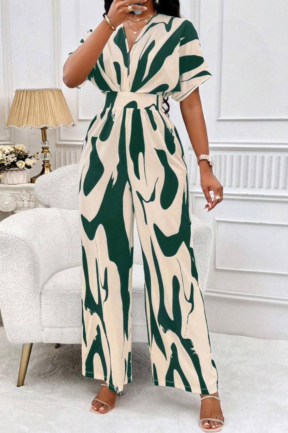 Honeybee Mumford's Printed V-Neck Short Sleeve Wide Leg Jumpsuit