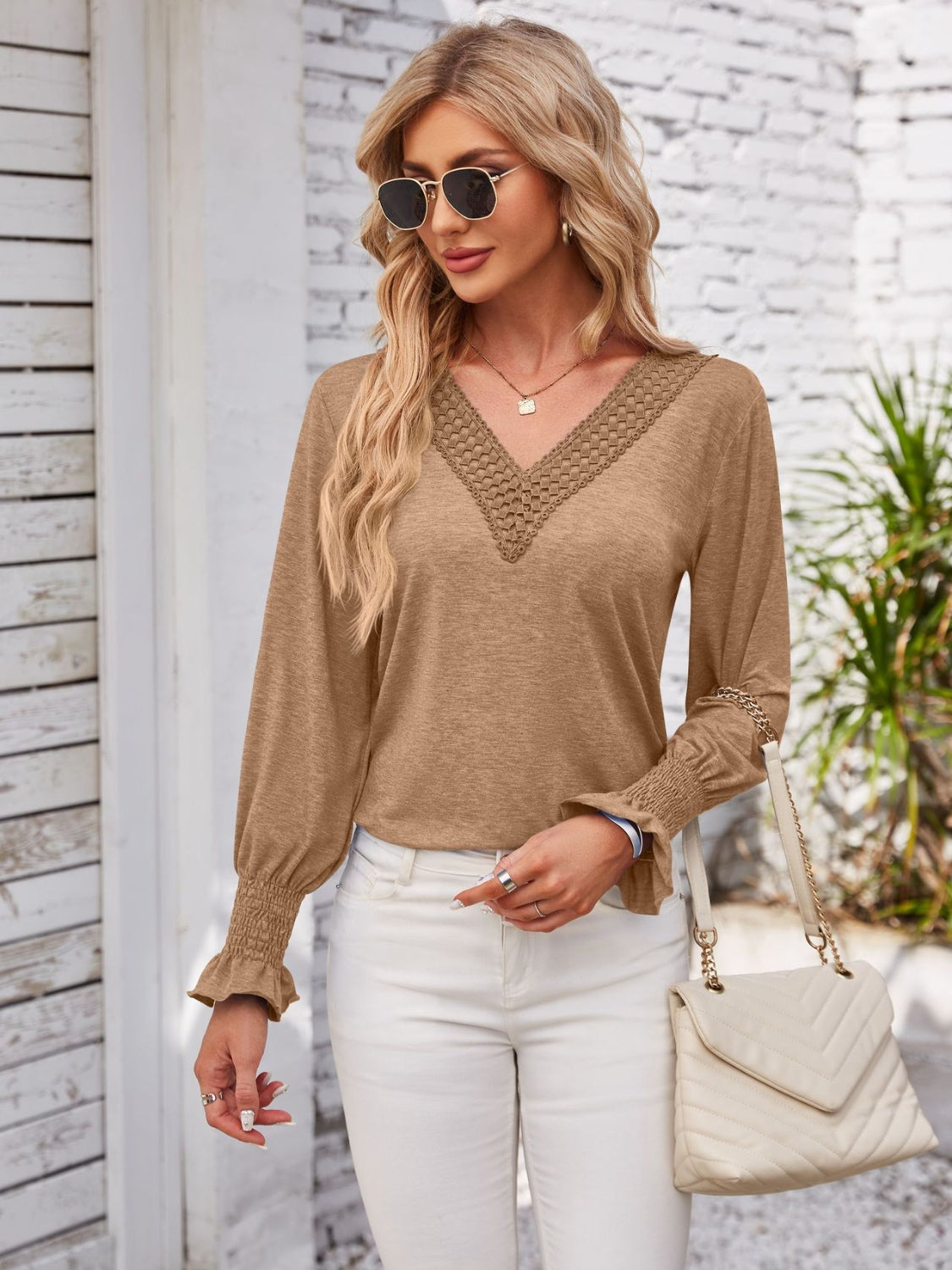 Honeybee Mumford's Smocked V-Neck Long Sleeve Blouse