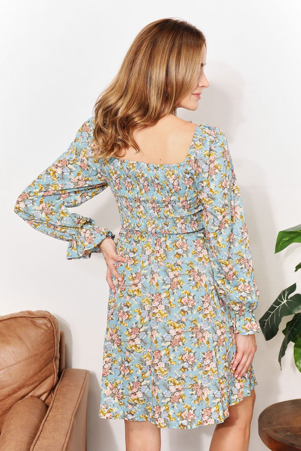 Honeybee Mumford's Floral Smocked Flounce Sleeve Square Neck Dress