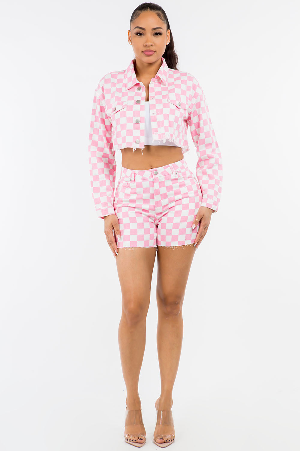 Honeybee Mumford's Pink High Waist Contrast Checkered Shorts