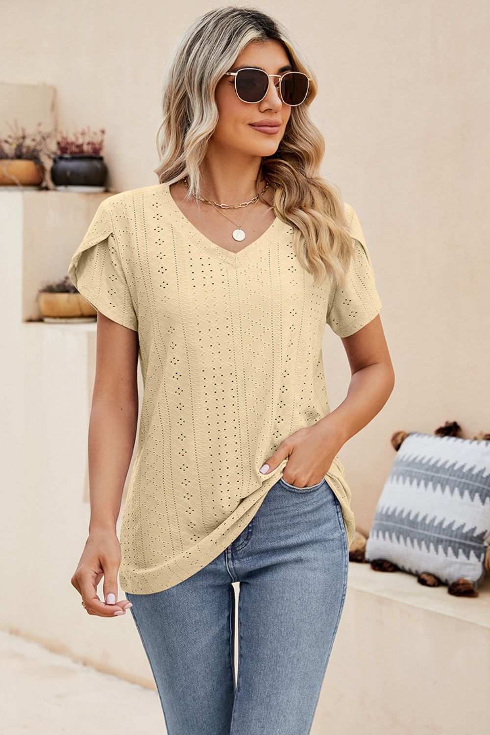 Honeybee Mumford's Eyelet Petal Sleeve V-Neck Knit Top