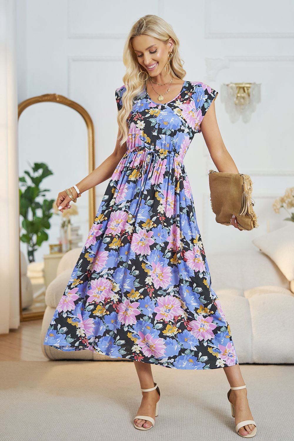 Honeybee Mumford's Floral V-Neck A-Line Midi Dress