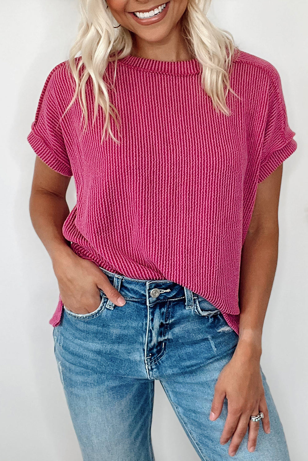 Honeybee Mumford's Rose Red Textured Knit Exposed Stitching T-shirt