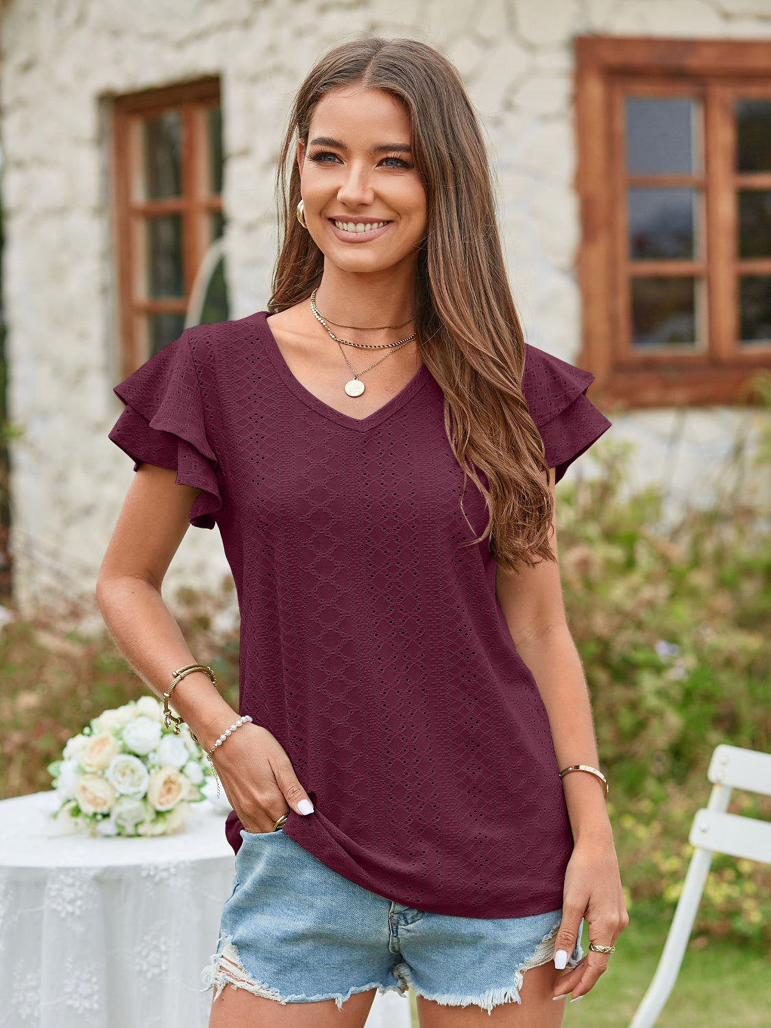 Honeybee Mumford's Eyelet V-Neck Short Sleeve Blouse