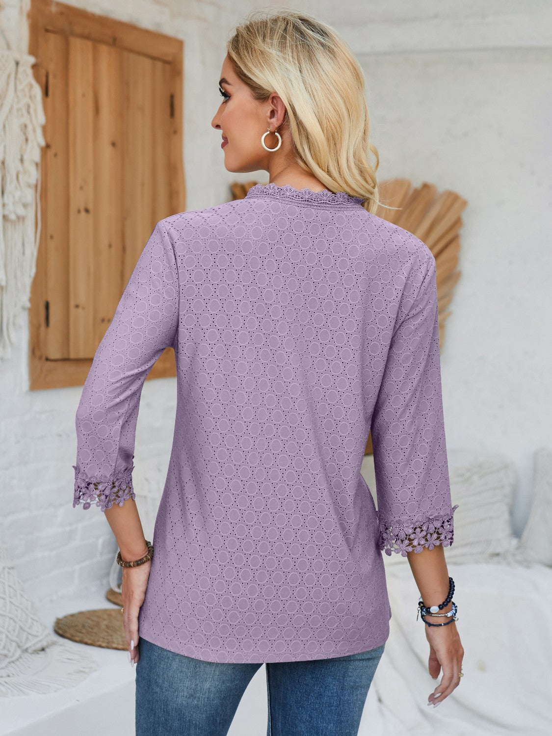 Honeybee Mumford's Lace Detail V-Neck Three-Quarter Sleeve Blouse