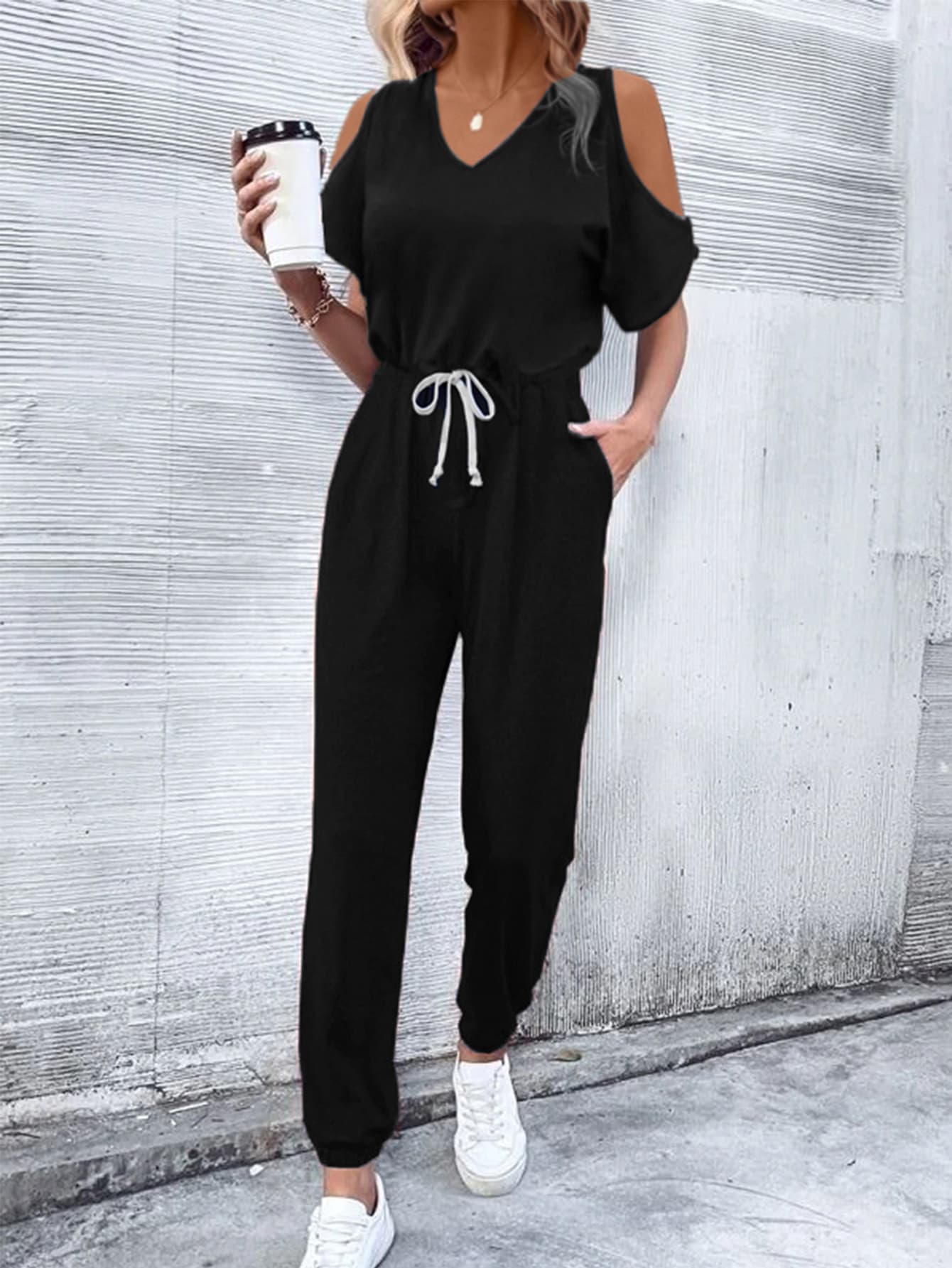 Honeybee Mumford's V-Neck Cold-Shoulder Jumpsuit with Pockets