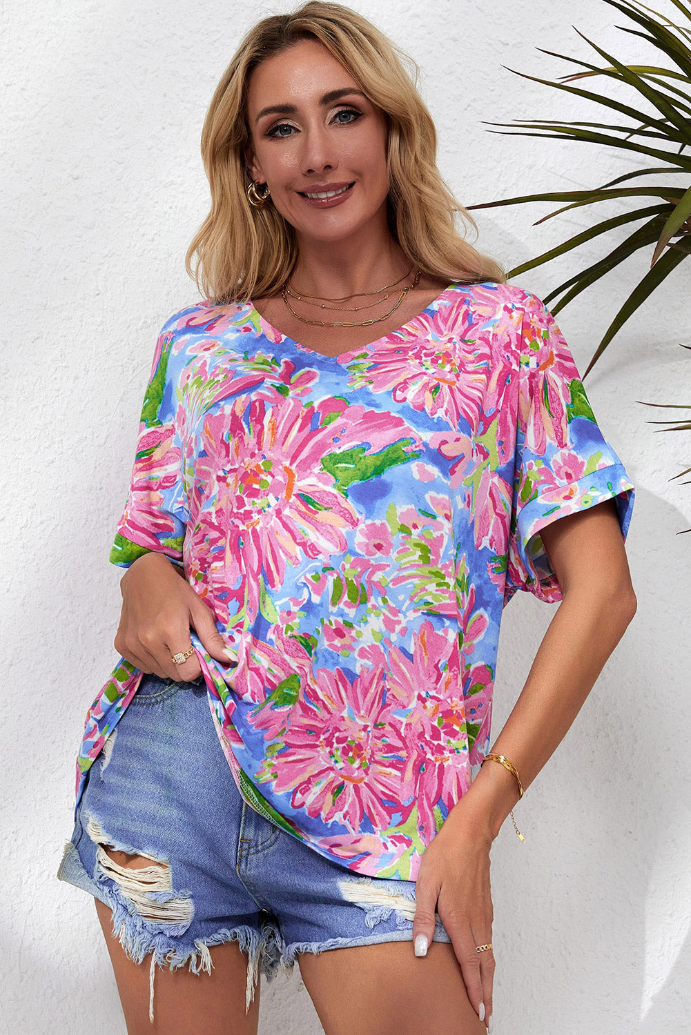 Honeybee Mumford's Floral V-Neck Short Sleeve Blouse