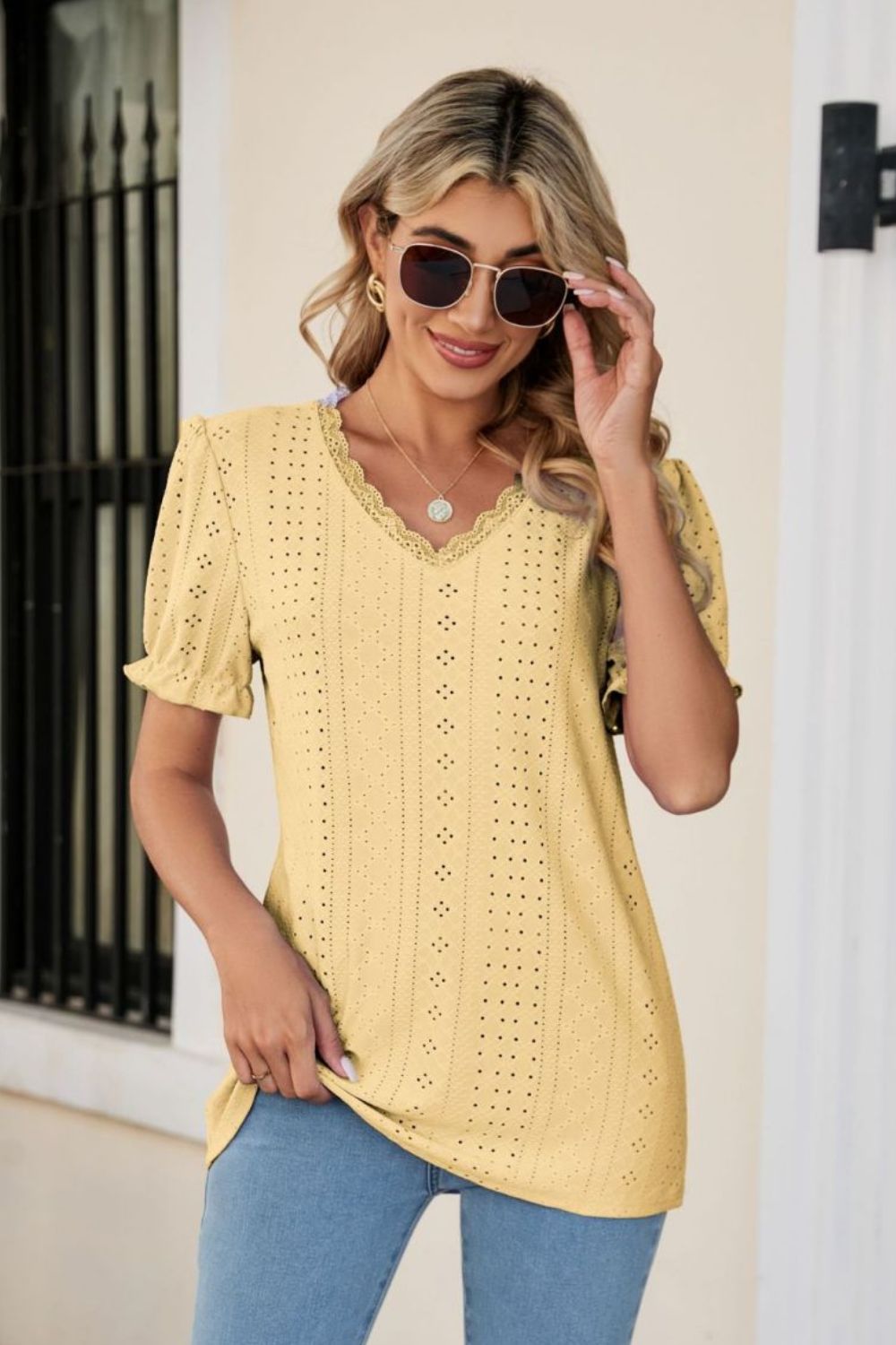 Honeybee Mumford's Eyelet Flounce Sleeve Scalloped V-Neck Top