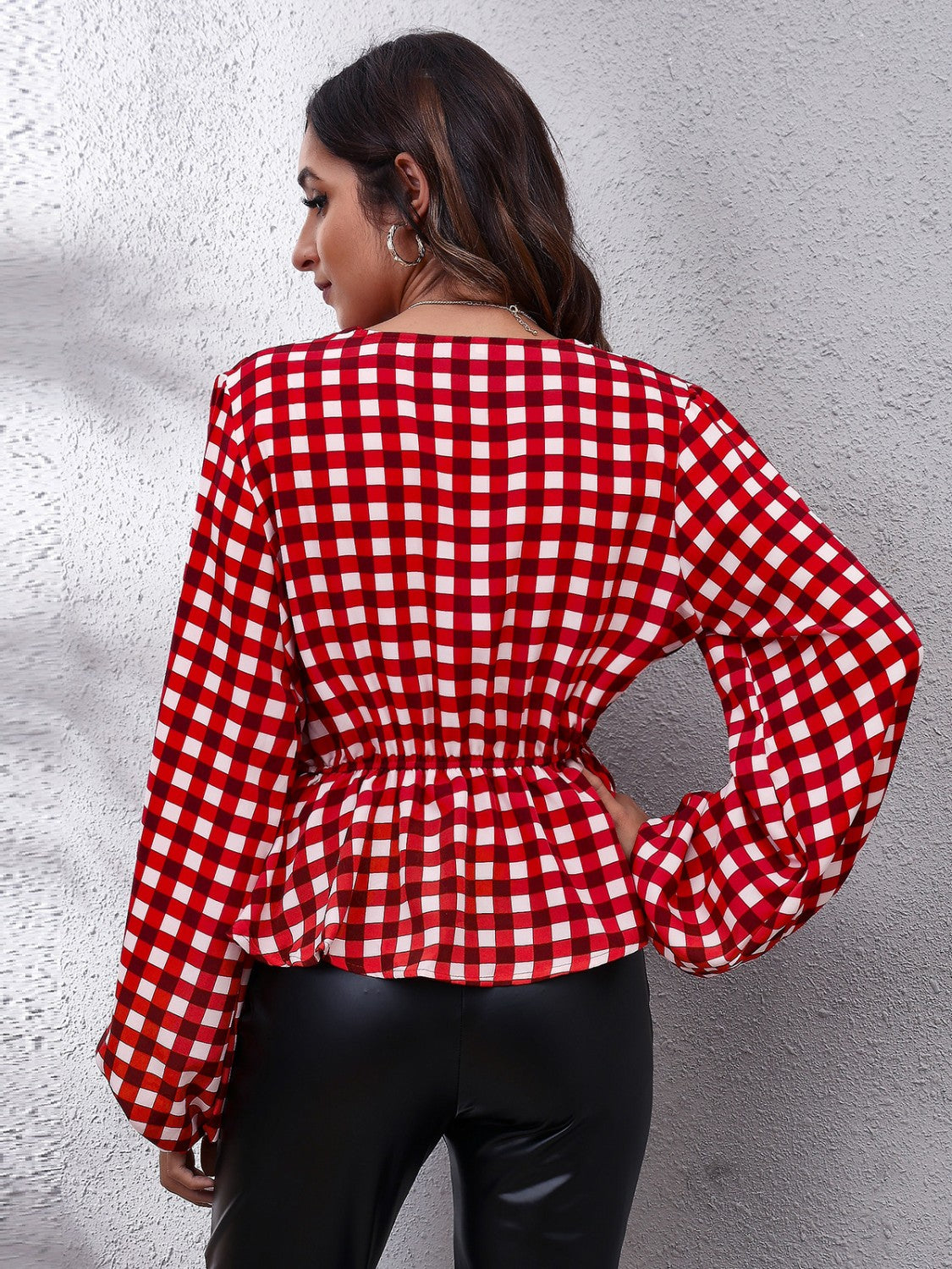 Honeybee Mumford's Plaid V-Neck Balloon Sleeve Peplum Blouse