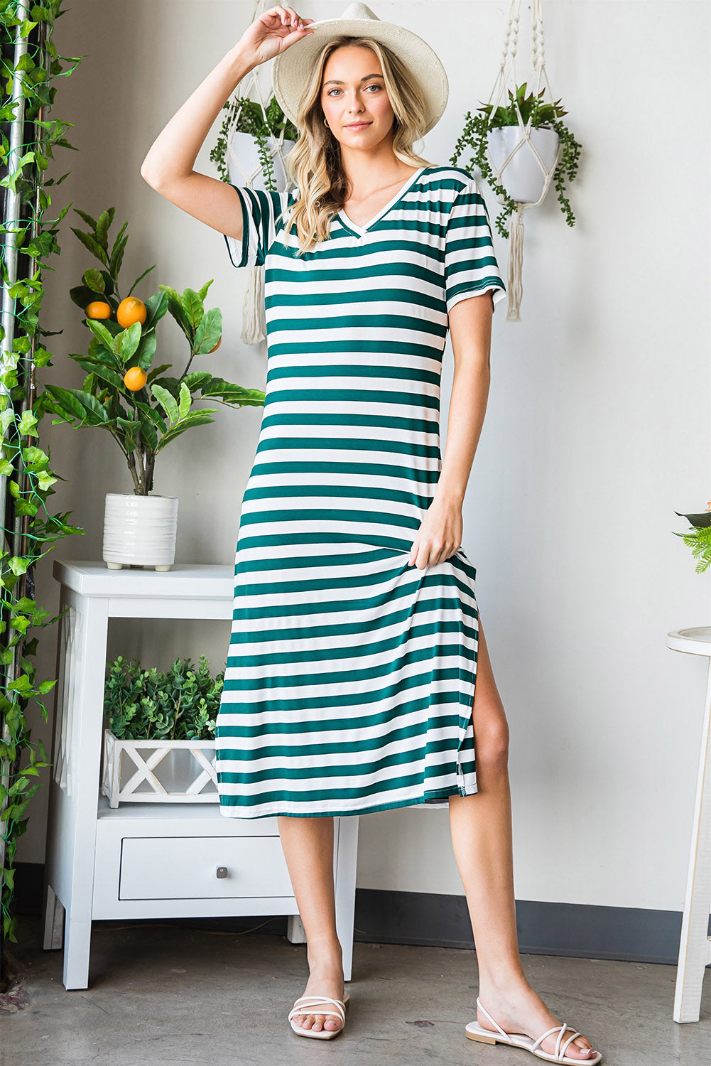 Honeybee Mumford's Striped V-Neck Short Sleeve Side Slit Dress