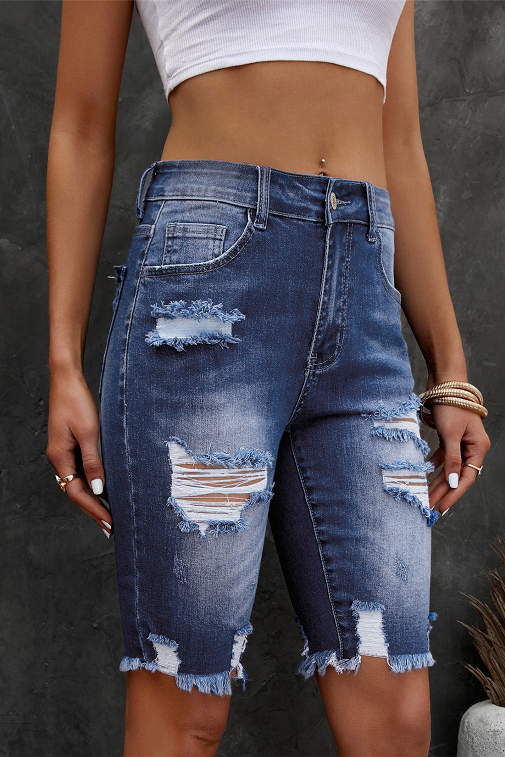 Honeybee Mumford's Distressed Frayed Hem Denim Bermuda Shorts