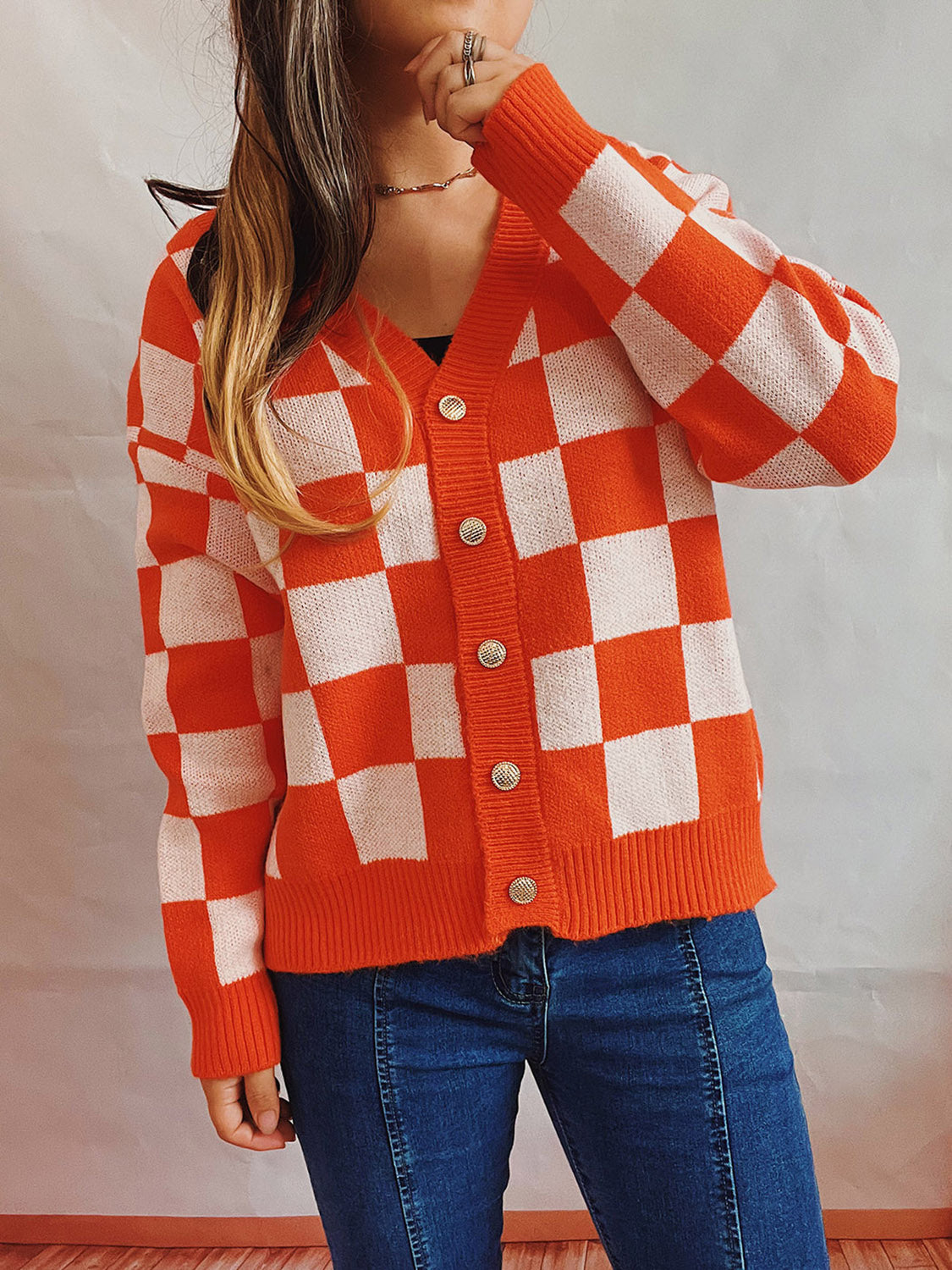 Honeybee Mumford's Checkered Open Front Button Up Cardigan