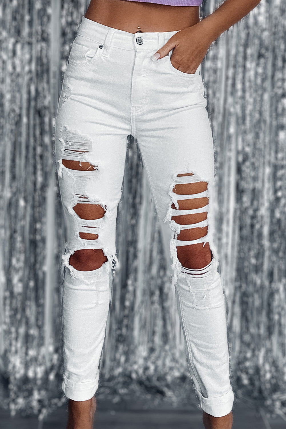 Honeybee Mumford's White Distressed Ripped Holes High Waist Skinny Jeans