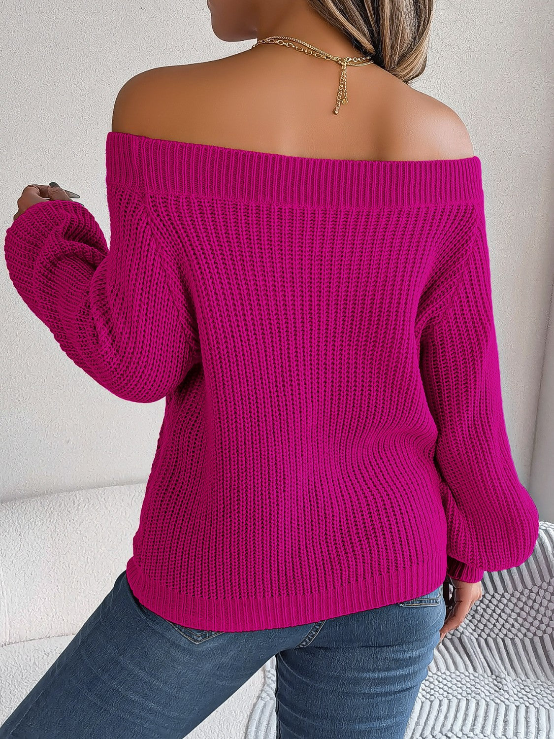 Honeybee Mumford's Openwork Off-Shoulder Long Sleeve Sweater